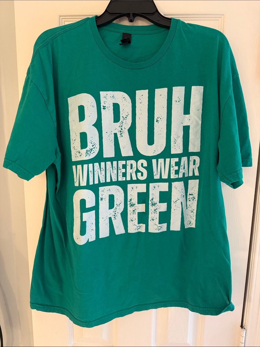 Gildan Teal Graphic Tee with White 'BRUH Winners Wear Green' Print